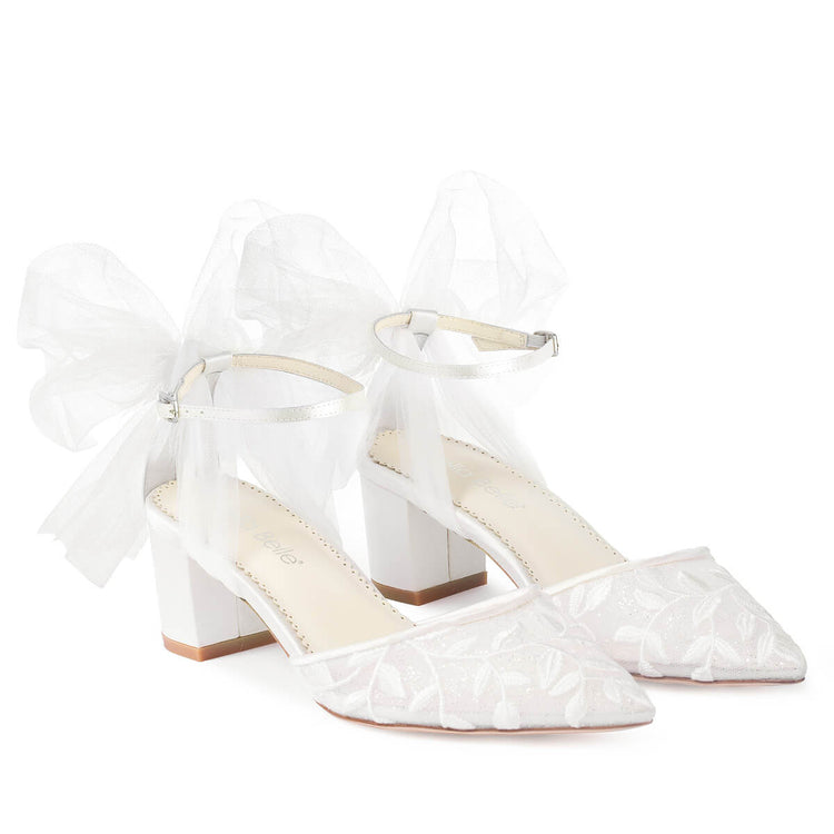 Joelle Lace Embroidered Low Block Heel with Tulle Bow Georgies