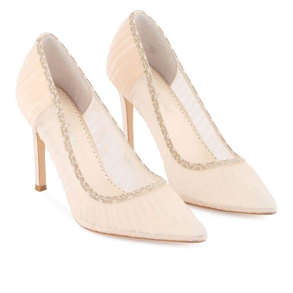 Emmaline Crystal Embellished Pleated Tulle Blush Tulle Pumps Georgies Bridal Shoes