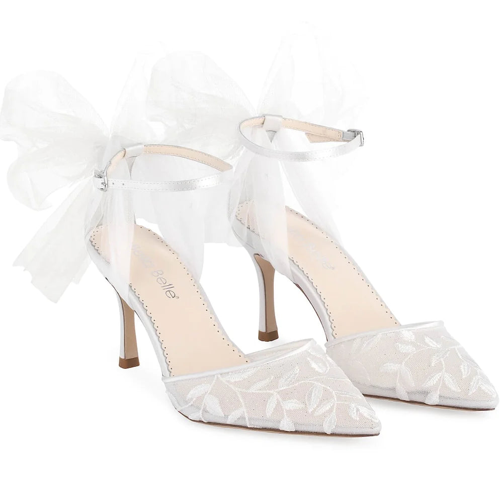 Joselyn Vine Embroidered Ivory Lace Heels With Ankle Strap Tulle Bows