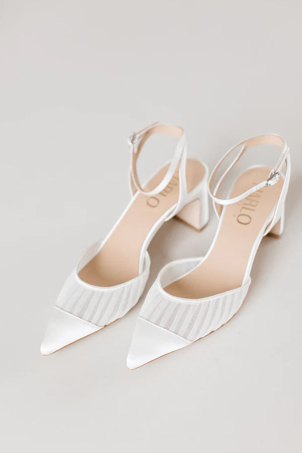 Farah - Tulle & Satin Pointed Toe Low Block Heel - Soft White