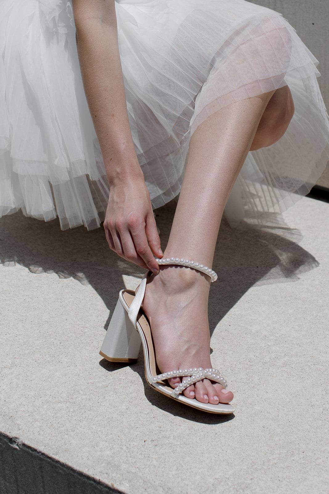 Evie - Soft White Pearl Mid Bridal Block Heel Sandal