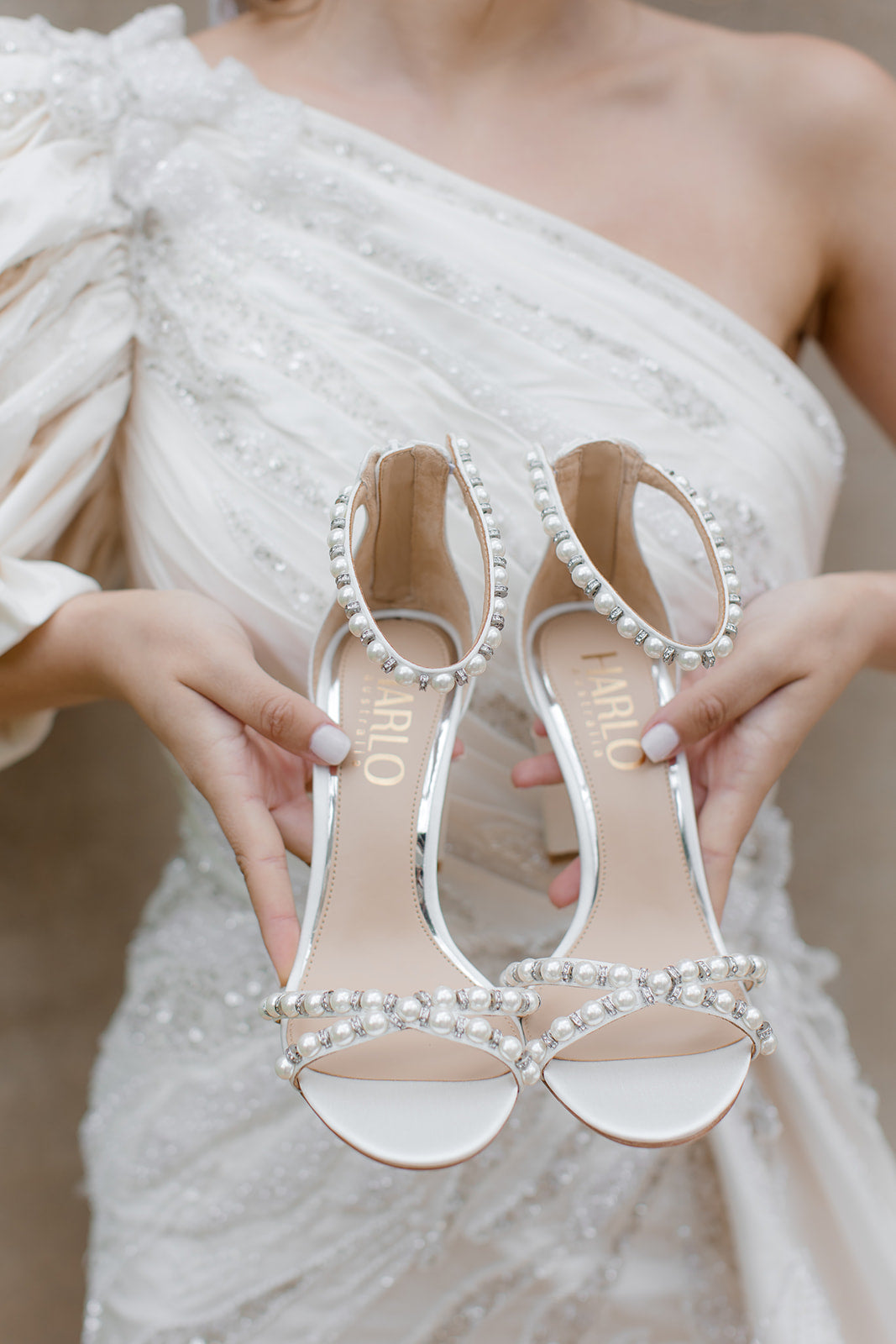 Low Heel Satin Bridal Shoes with Pearl - Main Image