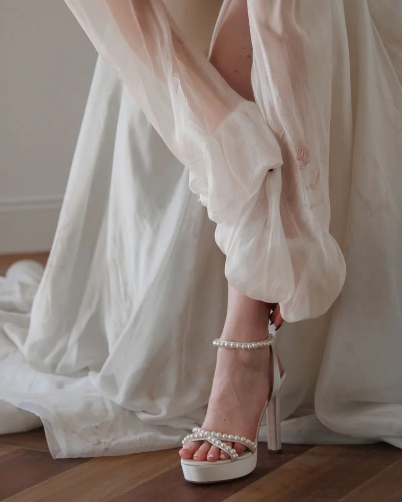 Eva - Soft White Platform Pearl High Block Bridal Heel