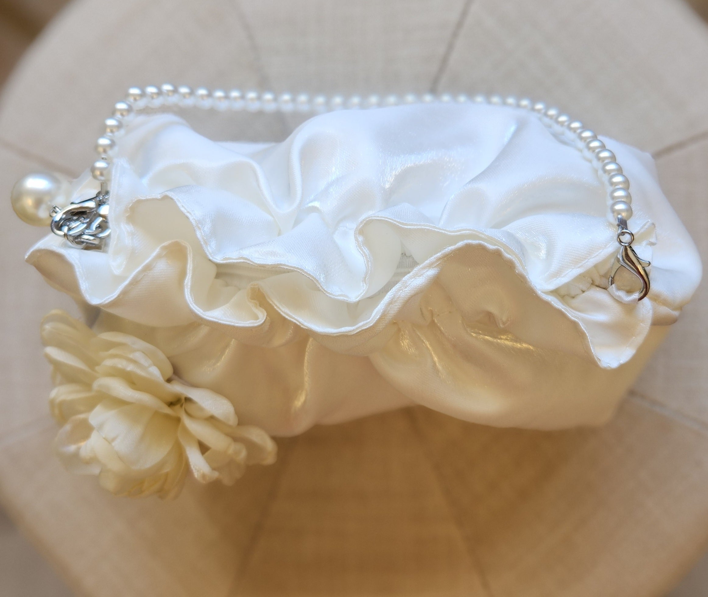 Fleur - Ivory Satin Soft Pouch Bag with Pearl Strap