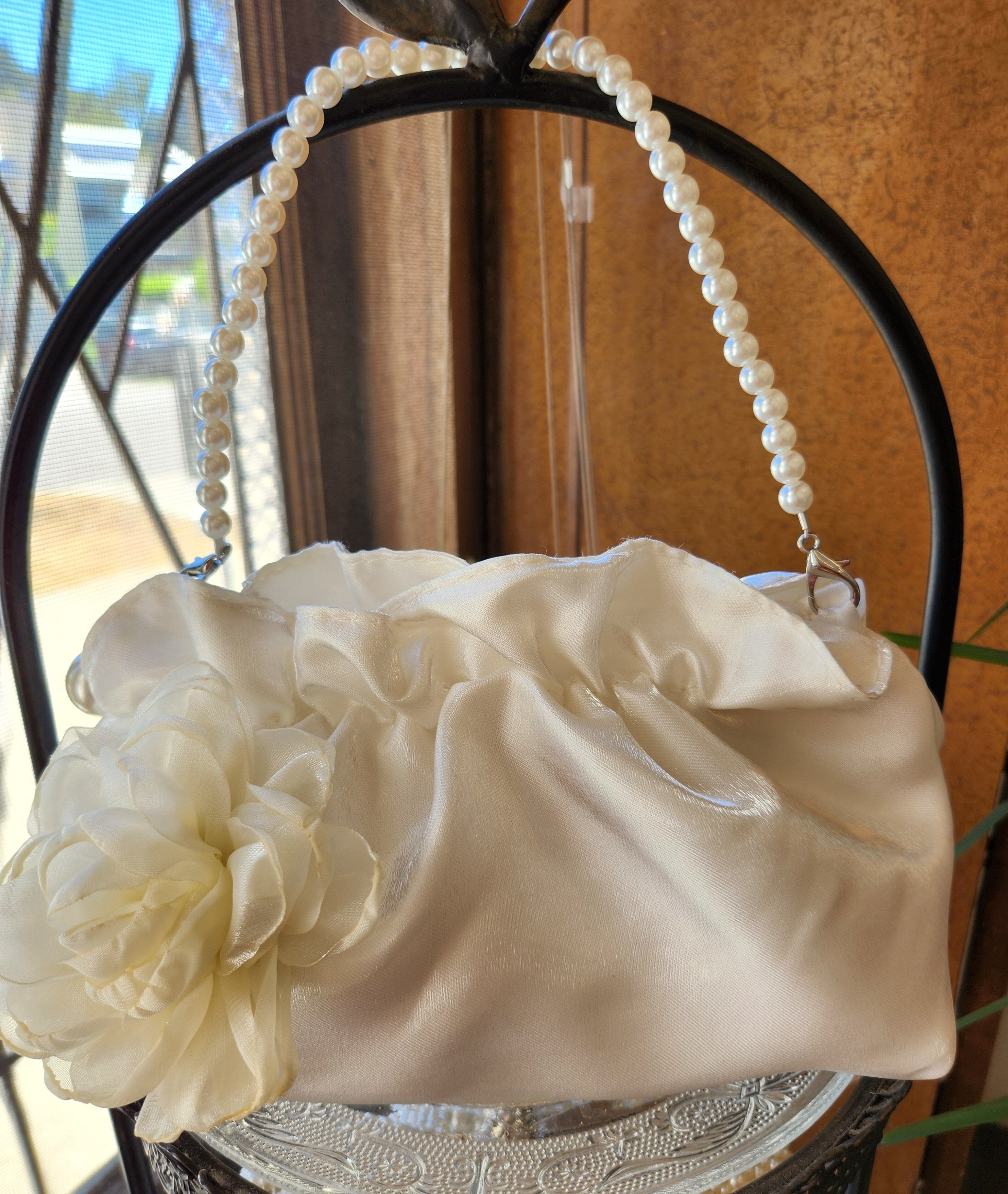 Fleur - Ivory Satin Soft Pouch Bag with Pearl Strap