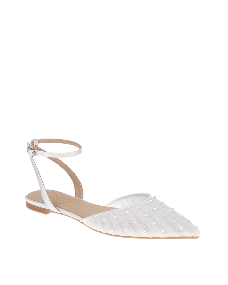 Chanel Pearl - Soft White Tulle Flats with Handsewn Pearls