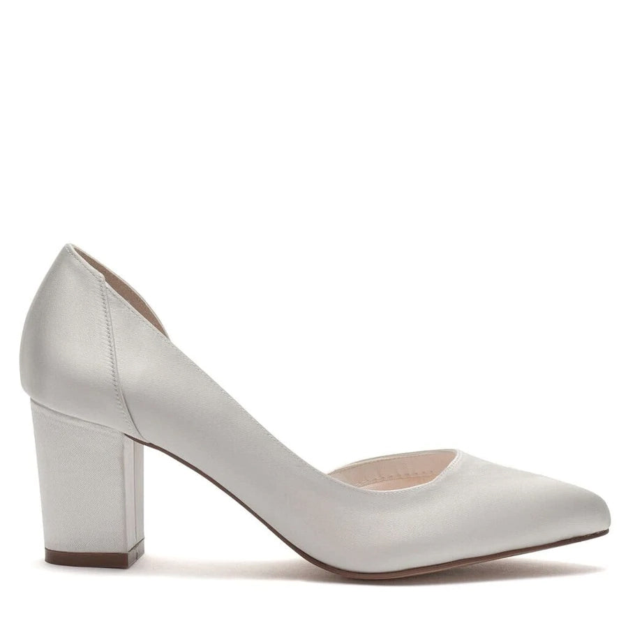 Harriet - Ivory Satin Mid Block Heel Court Shoes