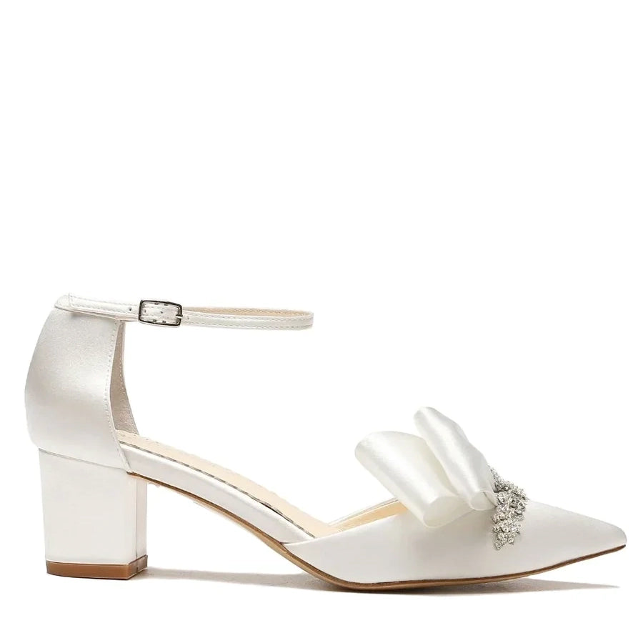 Margo - Low Block Heel Ankle Strap with Crystal Embellished Bow