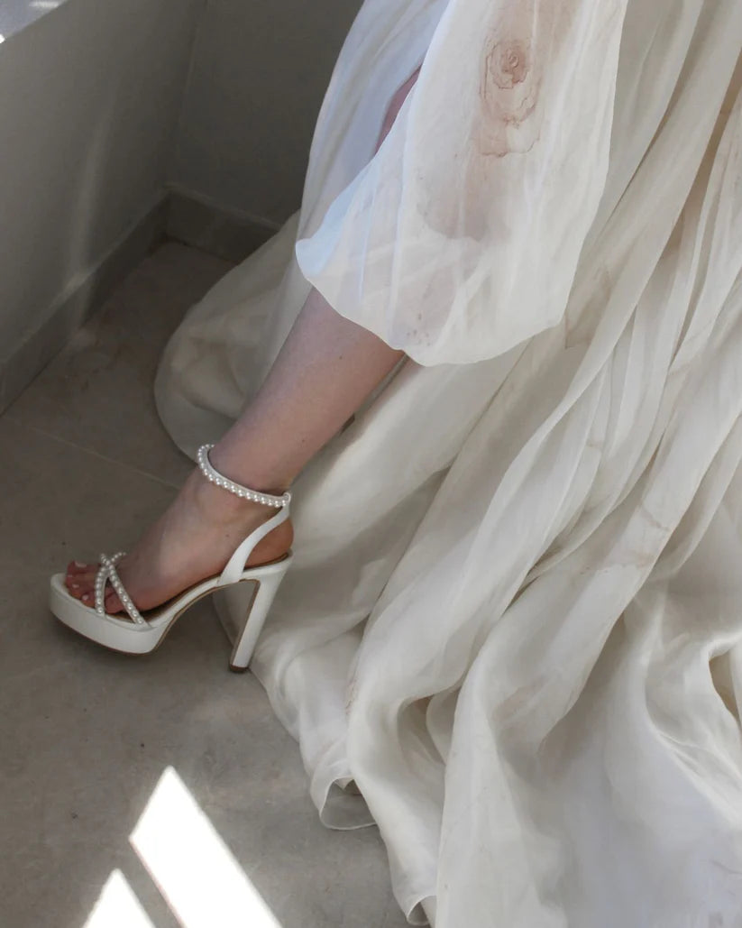 Eva - Soft White Platform Pearl High Block Bridal Heel