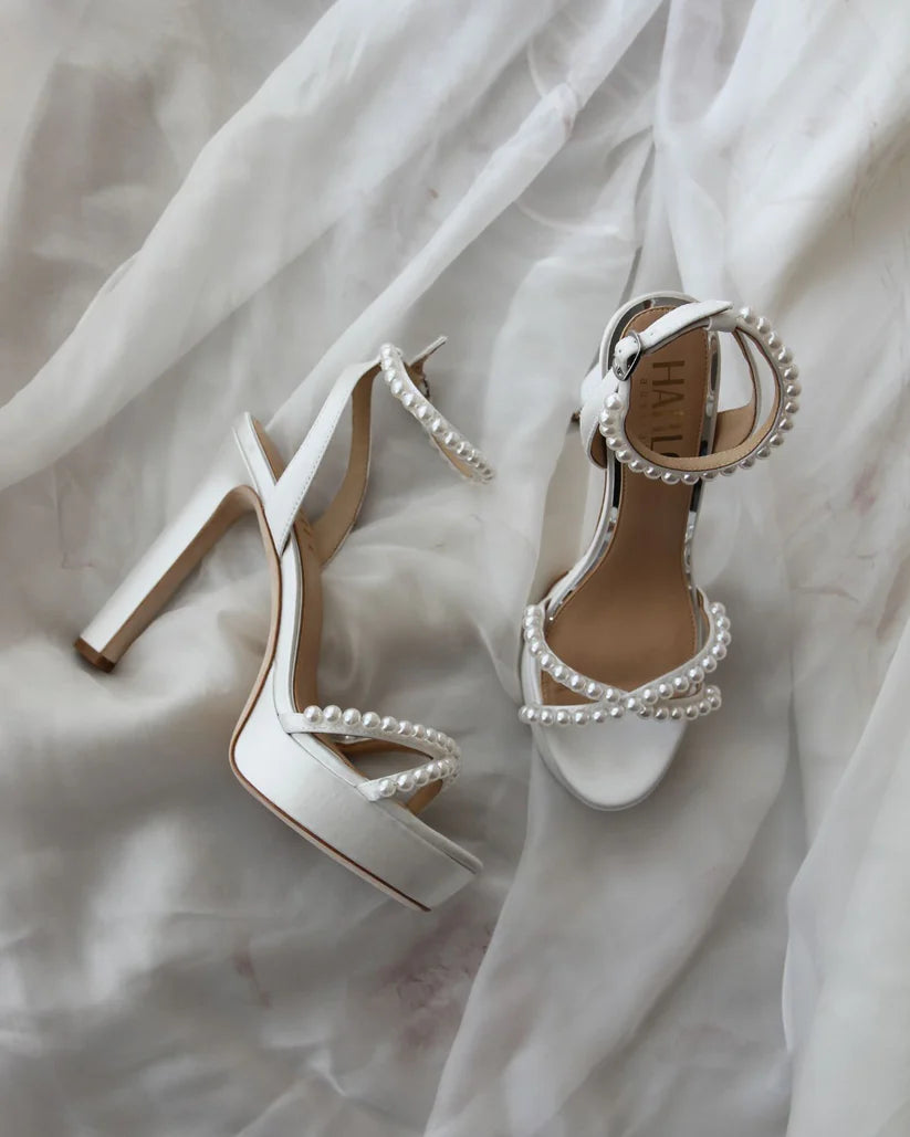 Eva - Soft White Platform Pearl High Block Bridal Heel