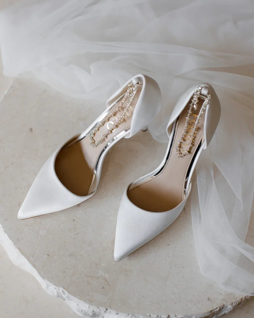 Harlo Daniela - Soft White Satin Pointed Toe Stiletto With Ankle Brace | Georgies Bridal Shoes