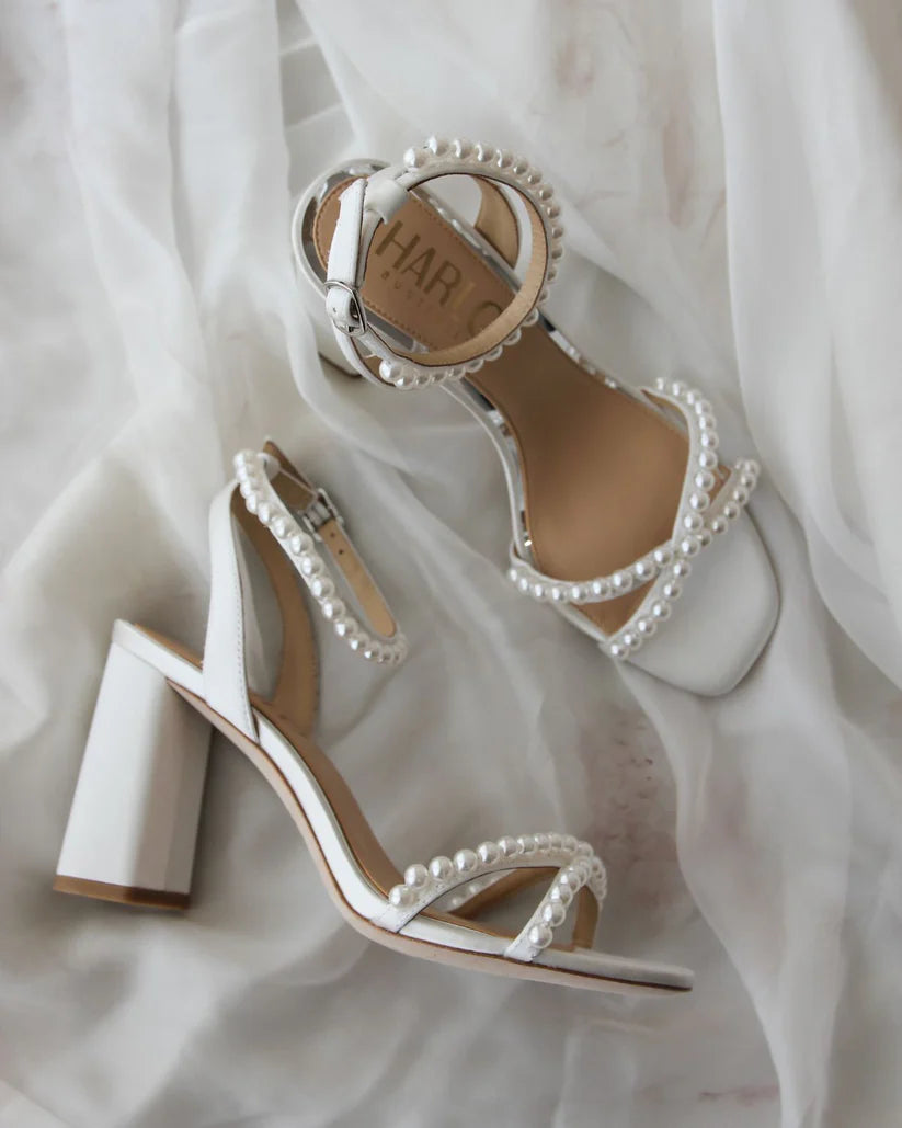 Evie - Soft White Pearl Mid Bridal Block Heel Sandal