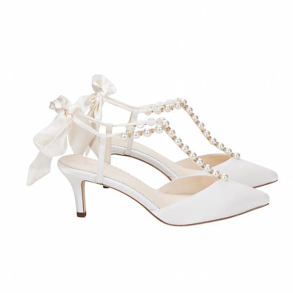 Lucia - Pearl T Bar Strap Mid Heel with Silk Ankle Bow