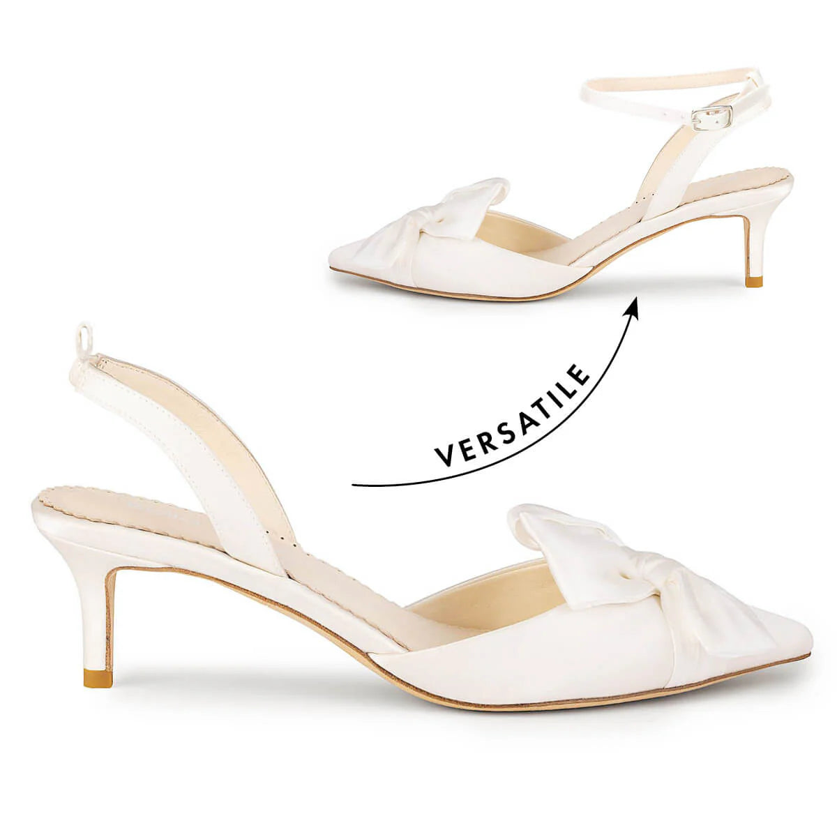 Raven - Slingback Kitten Heels with Bow & Removable Ankle Strap