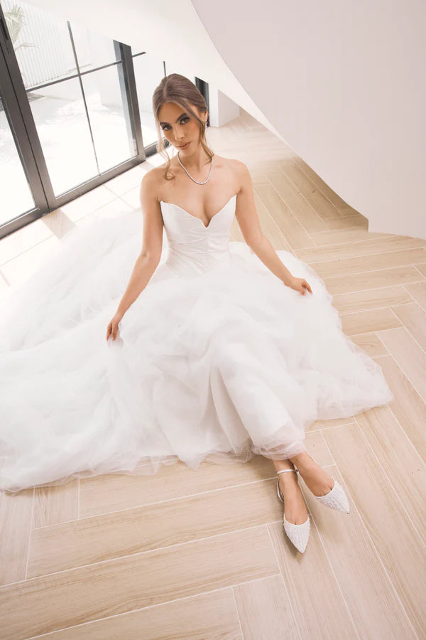 Chanel Pearl - Soft White Tulle Flats with Handsewn Pearls