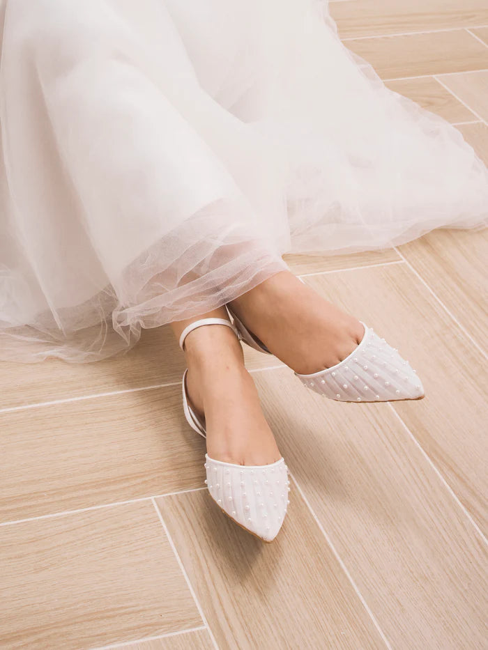 Chanel Pearl - Soft White Tulle Flats with Handsewn Pearls