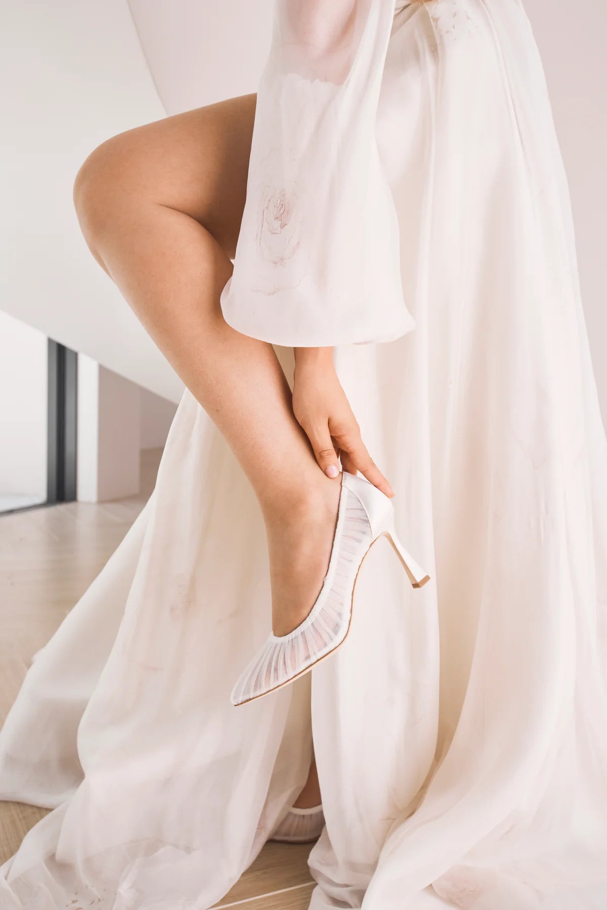 Glinda - Soft White Pleated Tulle Bridal Heels