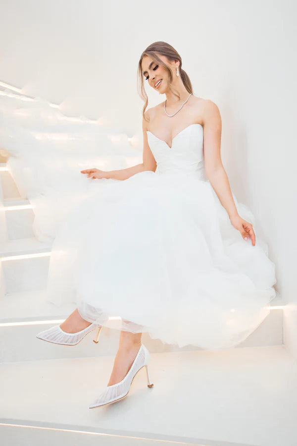 Glinda - Soft White Pleated Tulle Bridal Heels