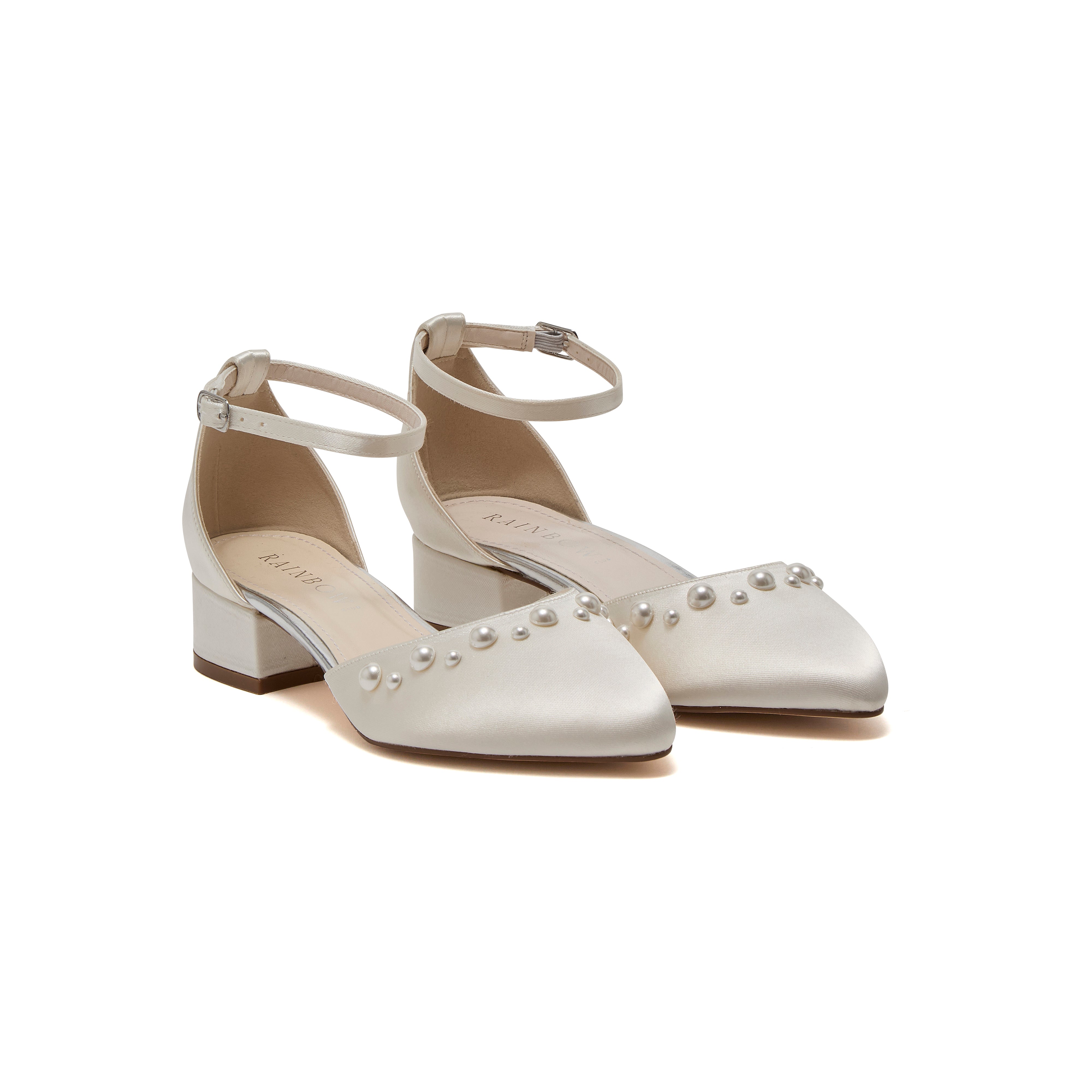 Maya Low - Ivory Satin Pearl Detail Closed Toe Low Heel