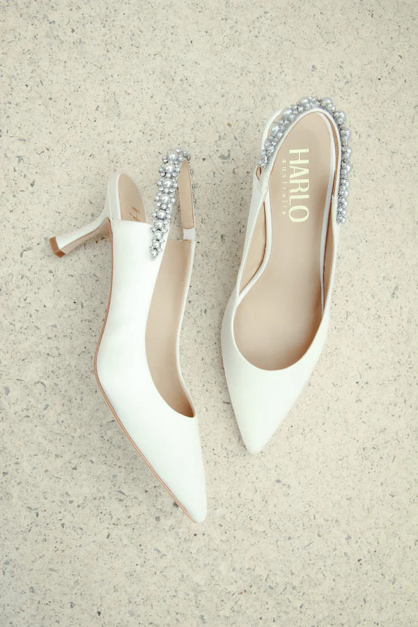 Nina Pearl - White Pearl & Crystal Embellished Sling back Low Bridal Pump