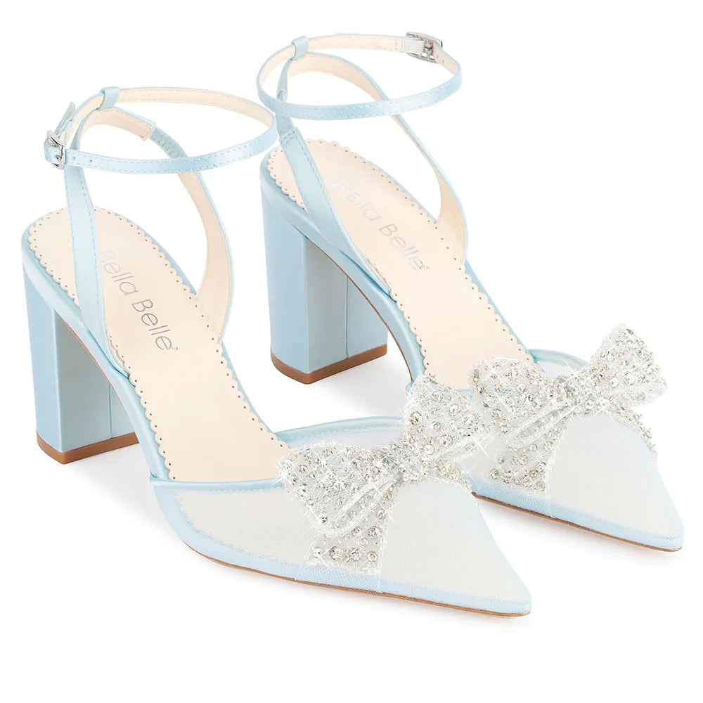 Athena - Blue Crystal Bow Block Heel Wedding Shoes