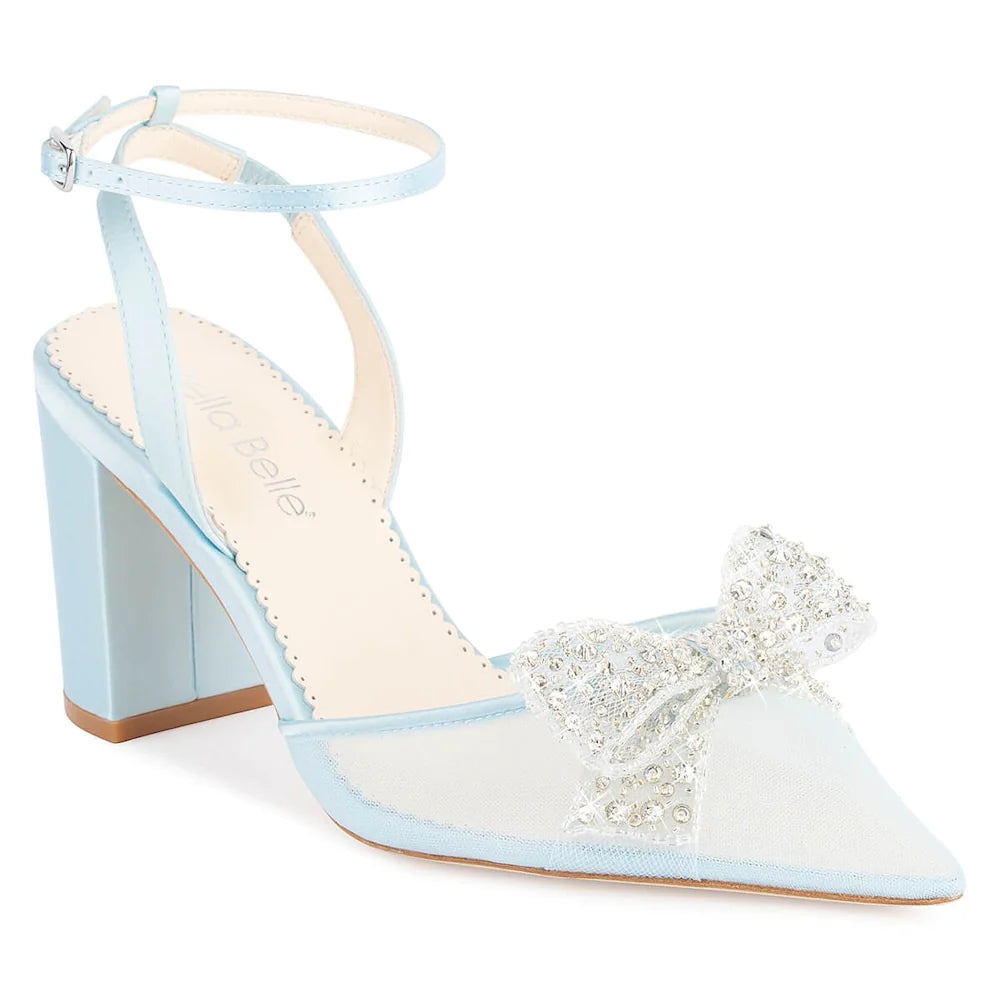 Athena - Blue Crystal Bow Block Heel Wedding Shoes