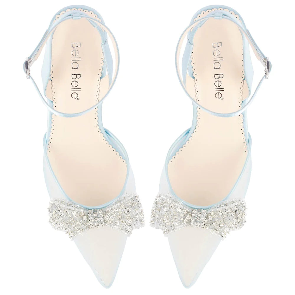 Athena - Blue Crystal Bow Block Heel Wedding Shoes