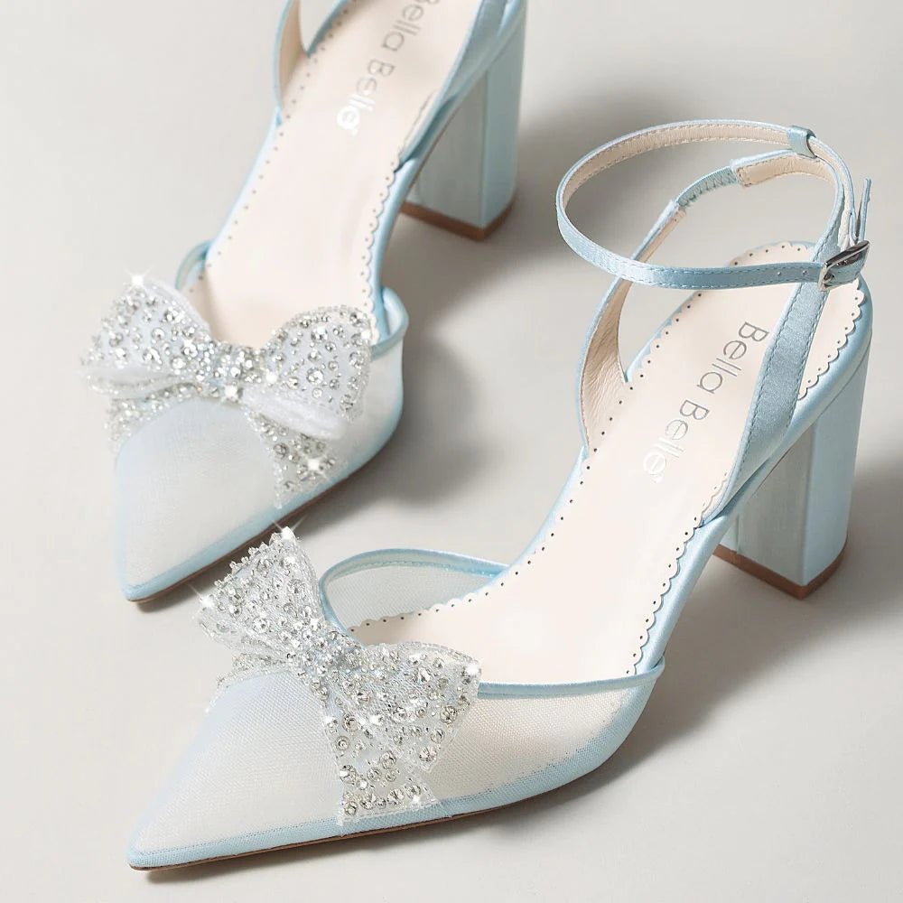 Athena - Blue Crystal Bow Block Heel Wedding Shoes