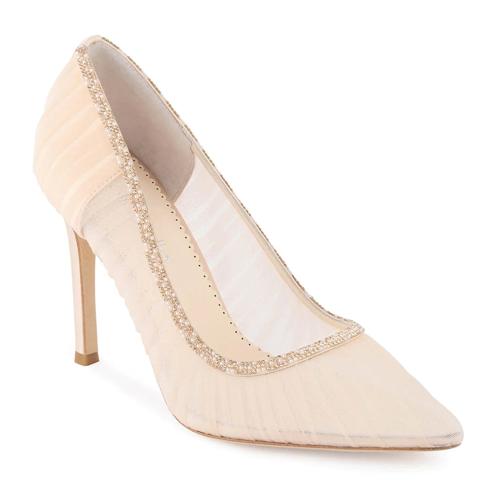 Emmaline - Crystal Embellished Pleated Tulle Blush Tulle Pumps