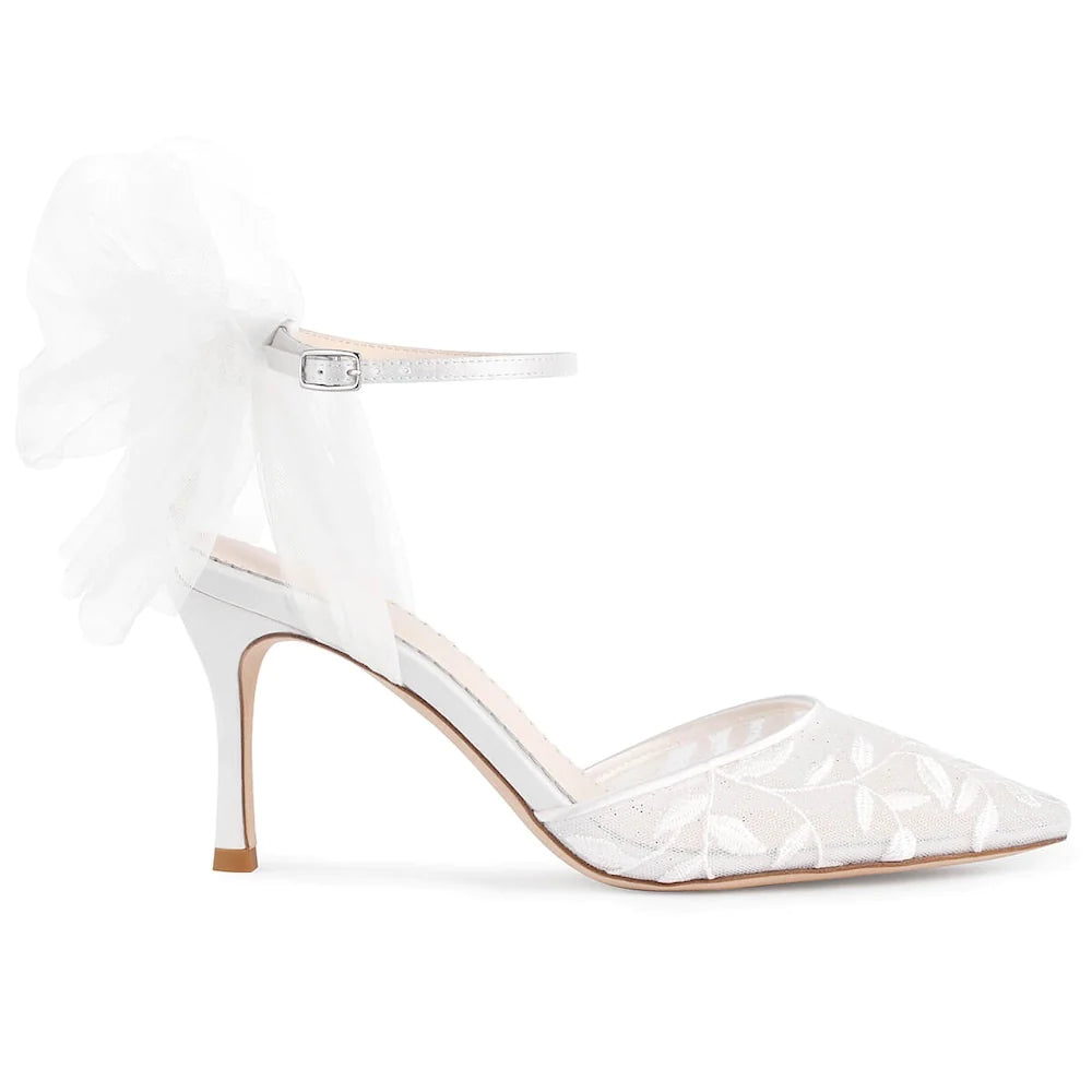 Joselyn - Vine Embroidered Ivory Lace Heels With Ankle Strap Tulle Bows