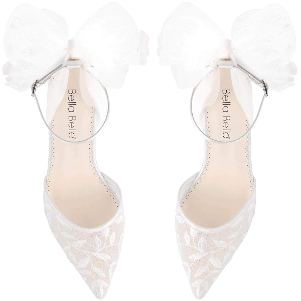 Joselyn - Vine Embroidered Ivory Lace Heels With Ankle Strap Tulle Bows