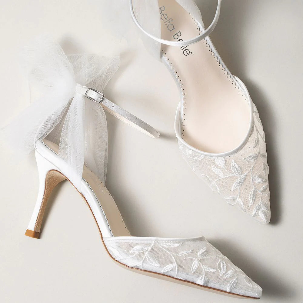 Joselyn Vine Embroidered Ivory Lace Heels With Ankle Strap Tulle Bow Georgies Bridal Shoes