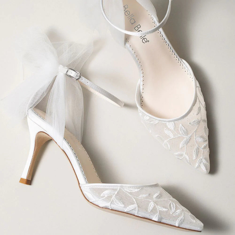 Joselyn - Vine Embroidered Ivory Lace Heels With Ankle Strap Tulle Bows