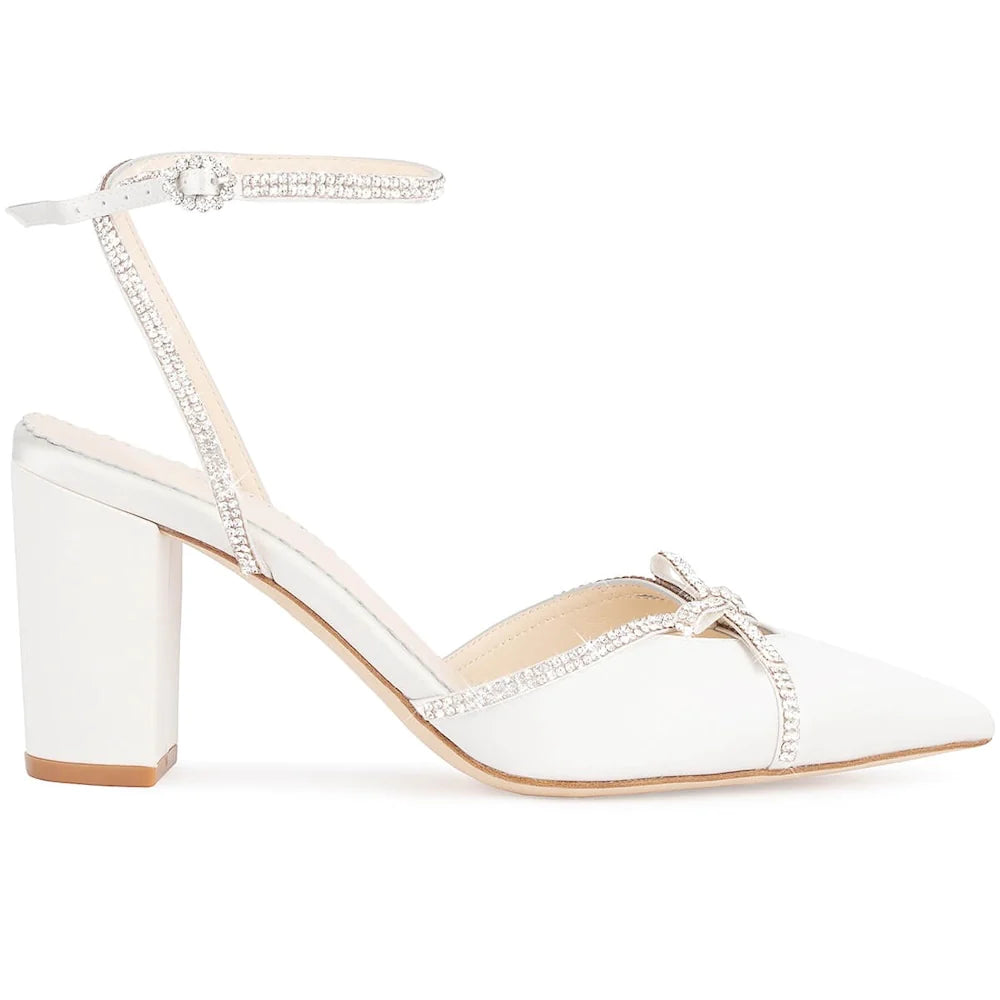 Karissa - Ivory Bridal Block Heels with Crystal Bows, Trim and Straps