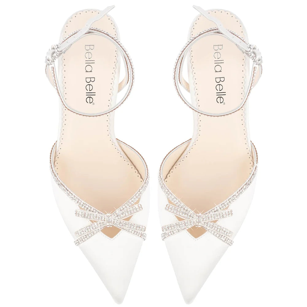 Karissa - Ivory Bridal Block Heels with Crystal Bows, Trim and Straps