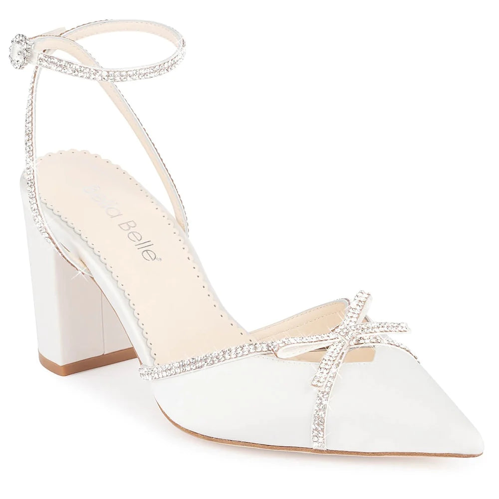 Karissa - Ivory Bridal Block Heels with Crystal Bows, Trim and Straps