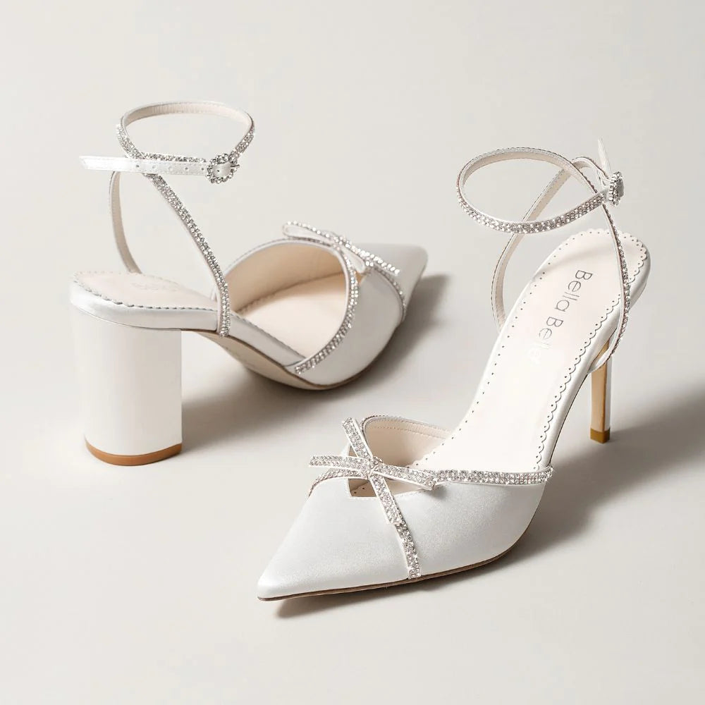 Karissa - Ivory Bridal Block Heels with Crystal Bows, Trim and Straps
