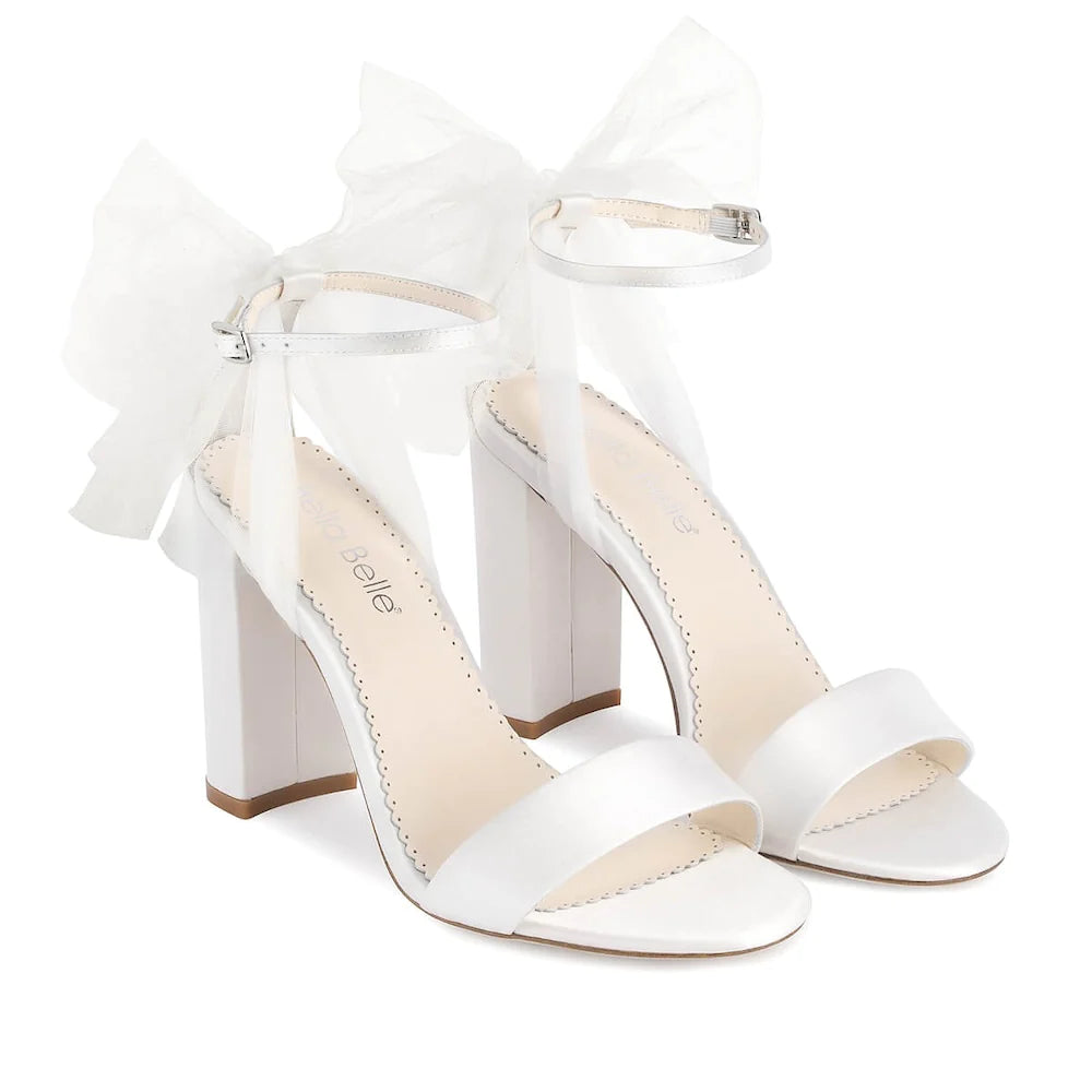 Reina - Open Toe Tulle Bow Block Heel Sandals with Ankle Strap