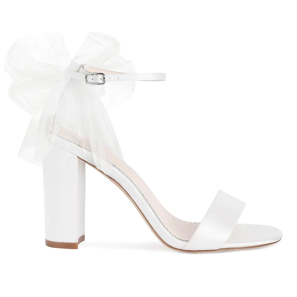 Reina - Open Toe Tulle Bow Block Heel Sandals with Ankle Strap