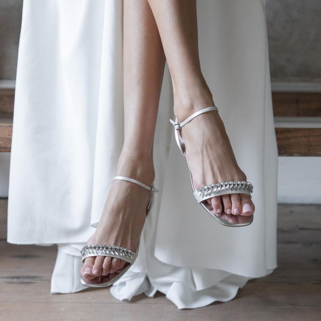 Freya Flat Sandal - Ivory Satin Sparkly Wedding Sandals