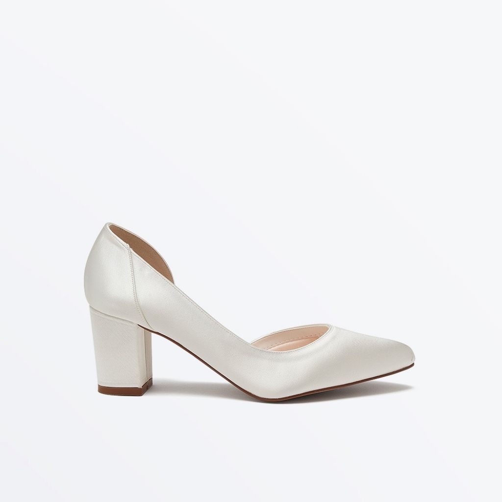 Harriet - Ivory Satin Mid Block Heel Court Shoes