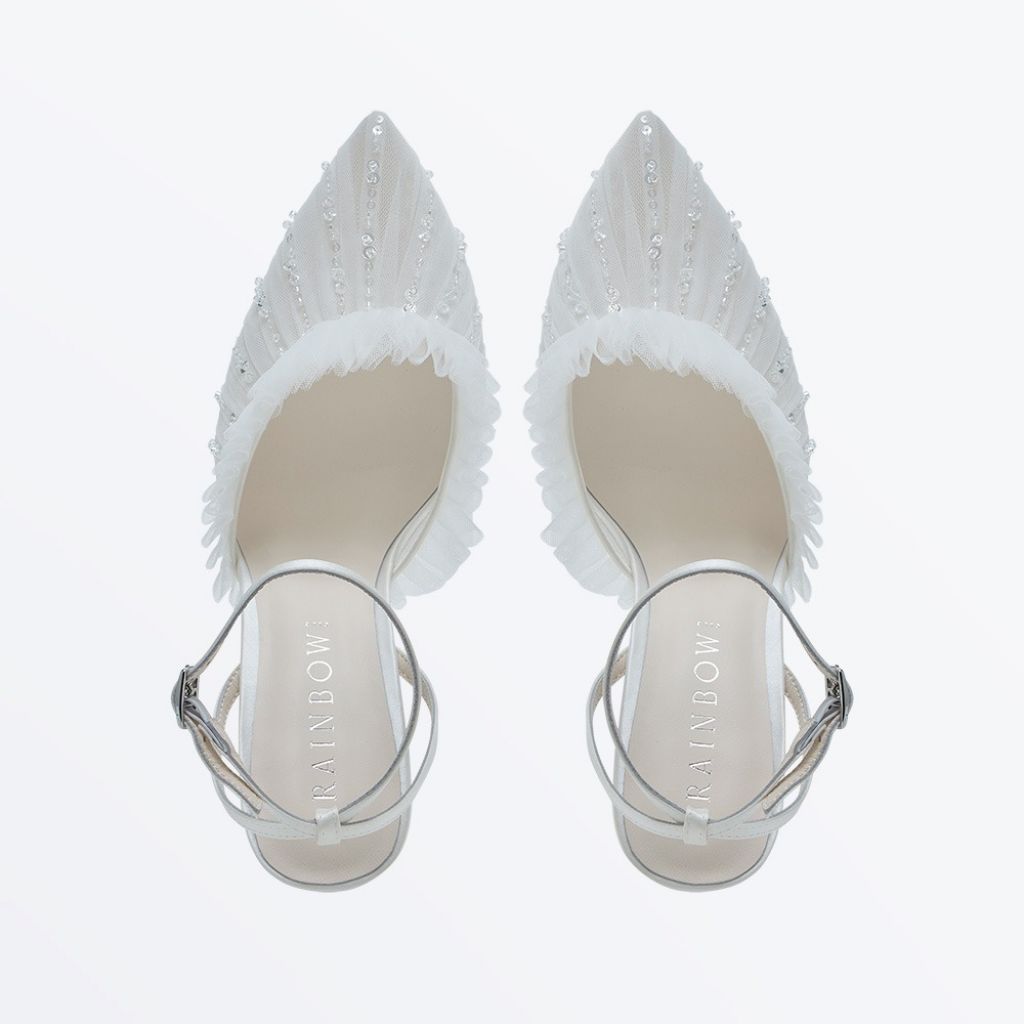 Isabella - Pleated Tulle Bridal Shoes With Ankle Straps