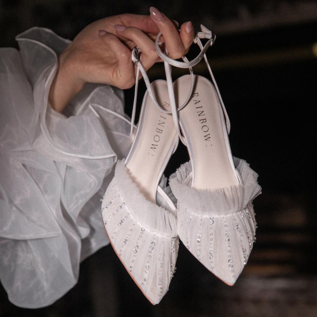 Isabella - Pleated Tulle Bridal Shoes With Ankle Straps