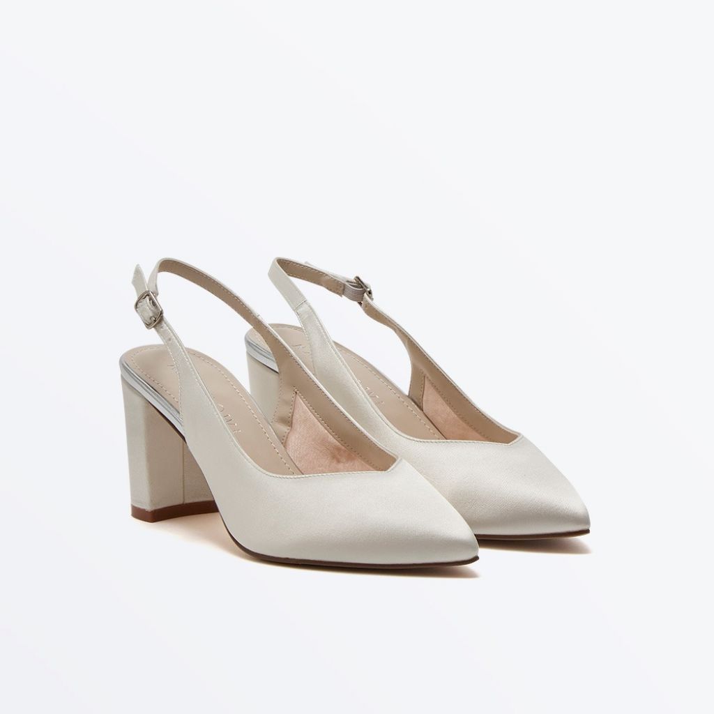Ivy - Ivory Satin Block Heel Slingbacks