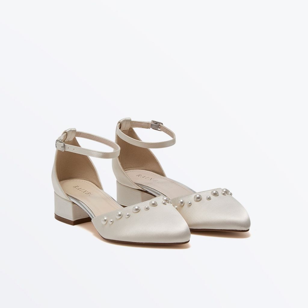 Maya Low - Ivory Satin Pearl Detail Closed Toe Low Heel
