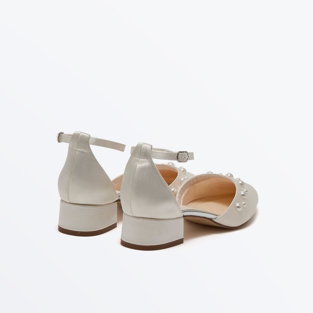 Maya Low - Ivory Satin Pearl Detail Closed Toe Low Heel