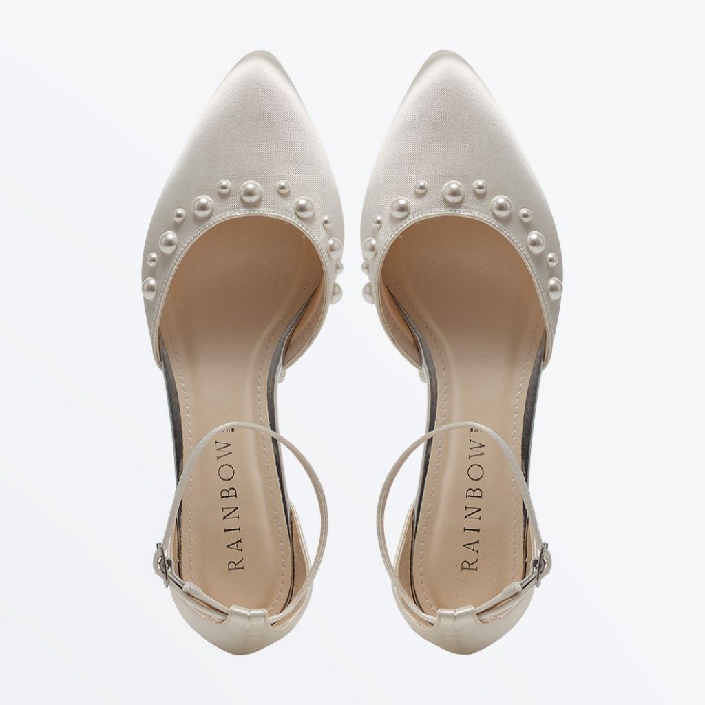 Maya Low - Ivory Satin Pearl Detail Closed Toe Low Heel
