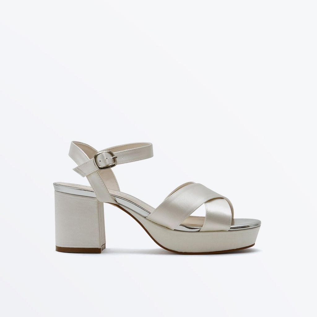 Zuri - Ivory Satin Platform Mid Heel Wedding Sandals