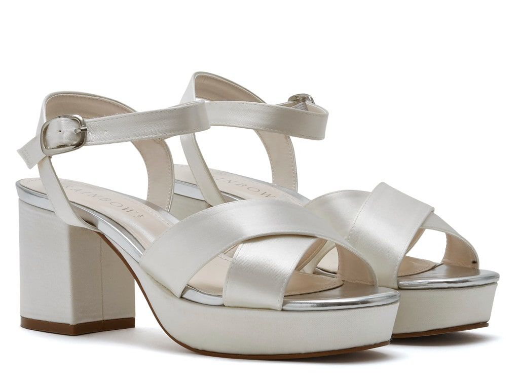 Zuri - Ivory Satin Platform Mid Heel Wedding Sandals