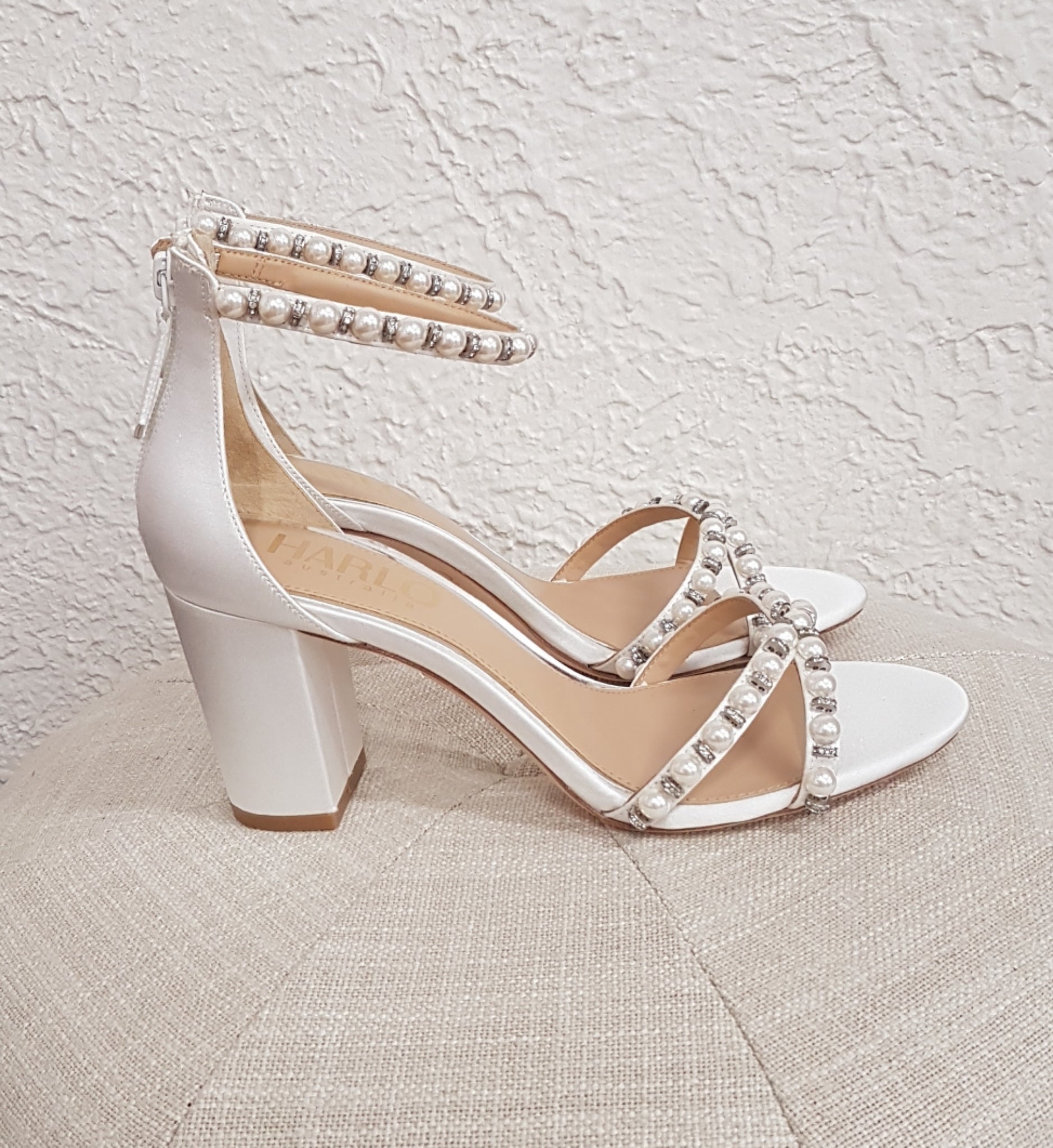 Alexene - Soft White Pearl Low Block Bridal Heel